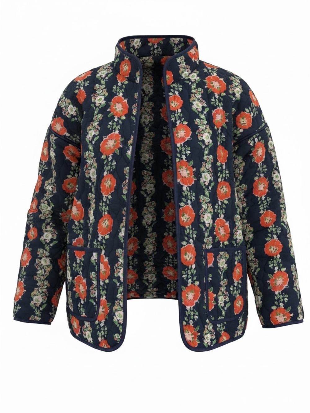 Floral Quilted Jacket - Navy with Orange Poppies Sz L
